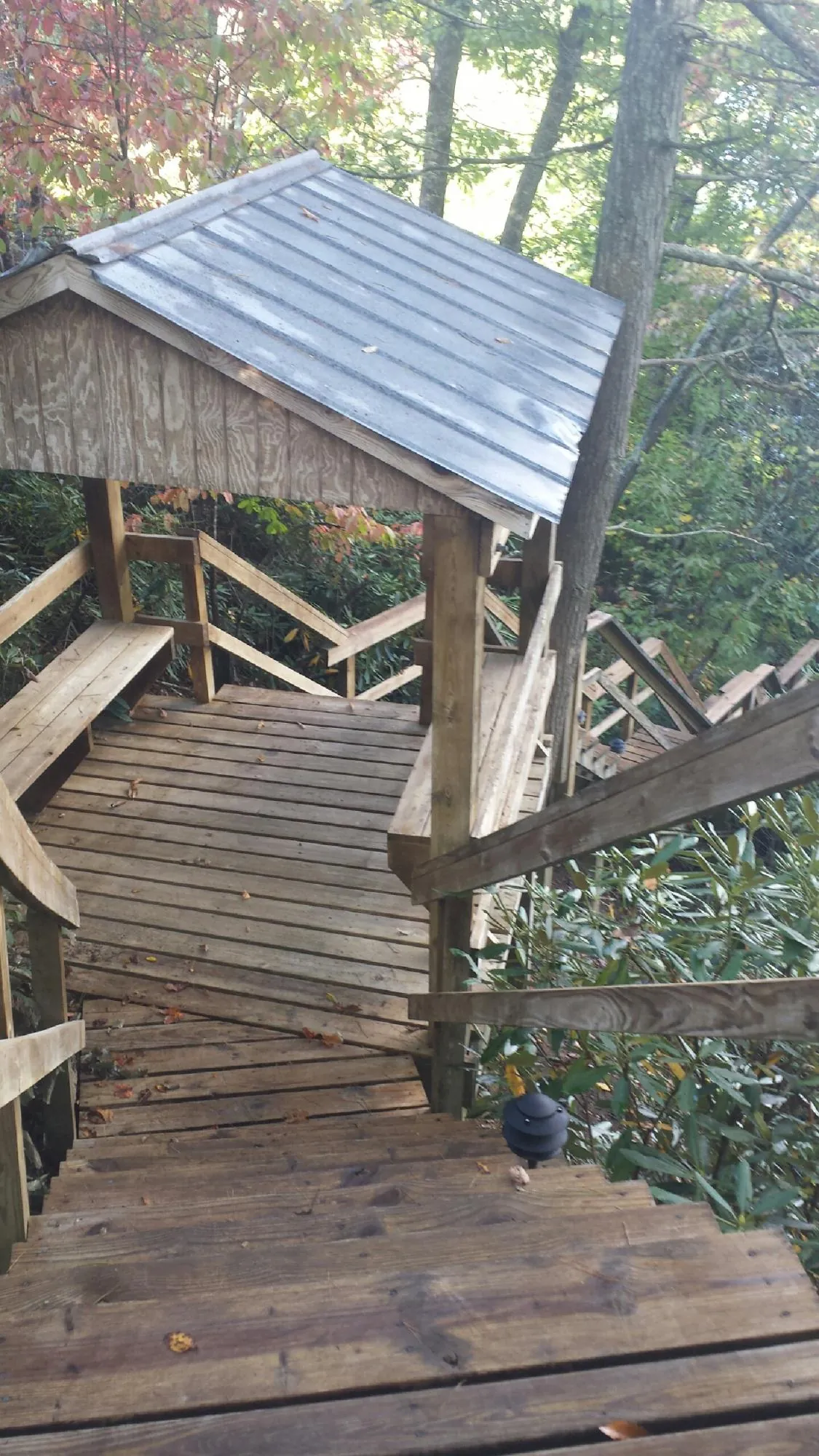 Metal roofed shelter over wooden steps on a wooded walkway — Skylight Repair & Installation work by our crew in Mannington